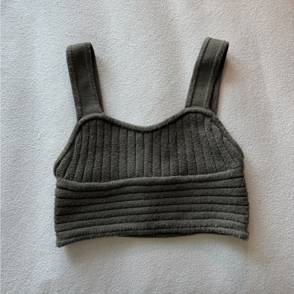 Zara Ribbed Knit Cropped Tank - Olive Green Size S
